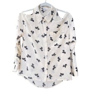I love H81 Kitten Print blouse Women's Size S/P cream & black cat button down